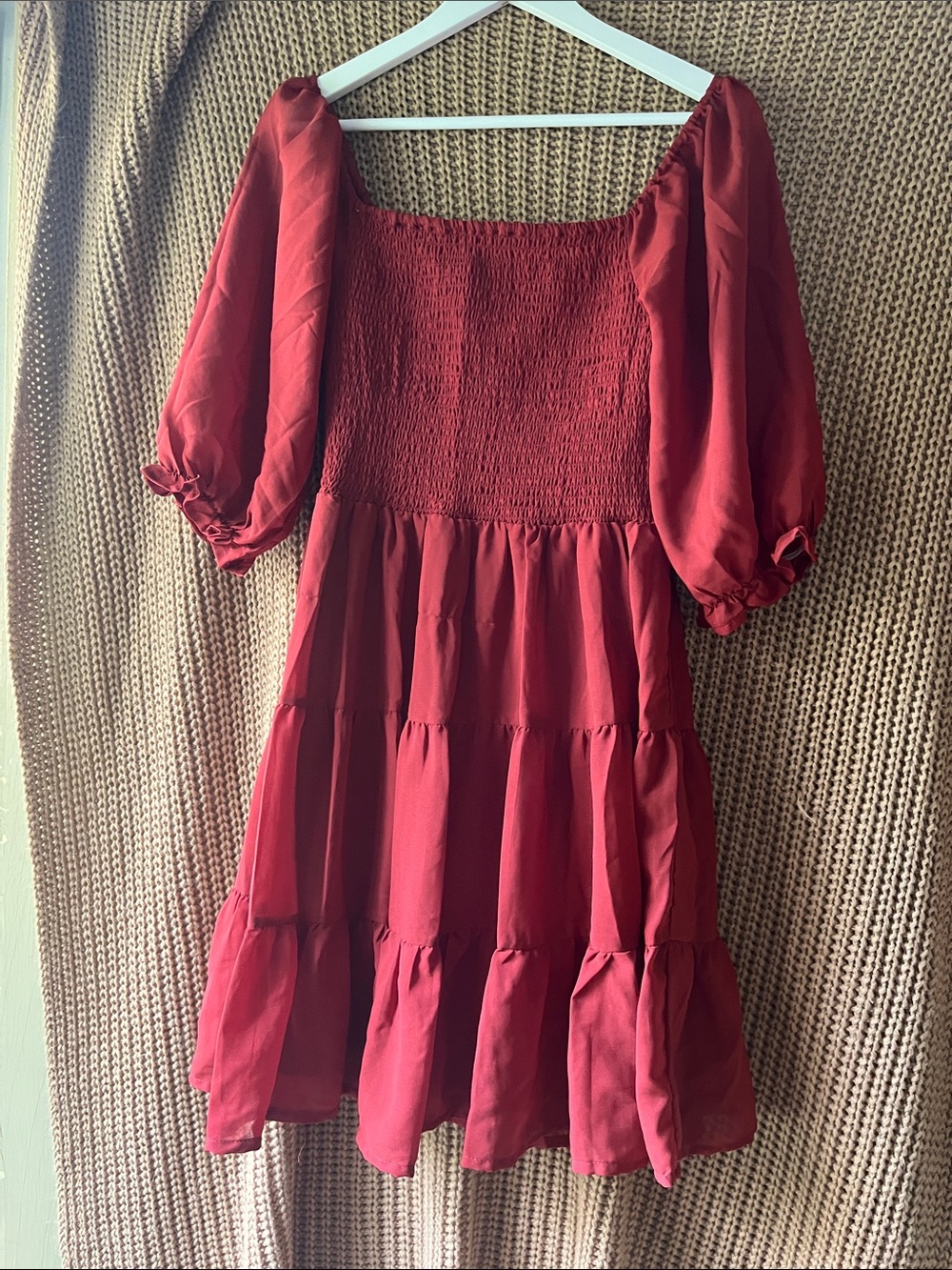 Smocked Midi Dress in Deep Red with Puff Sleeves